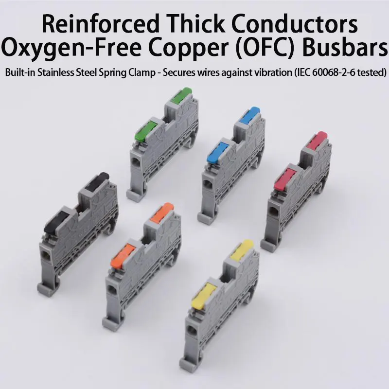 Bloco Terminal KV2.5 com Trilho de Cobre Reforçado - Sem Parafuso/Pressão Necessária, Mola de Aço Inoxidável, Cabo 0.2-2.5mm²/Barramento de Cobre Puro