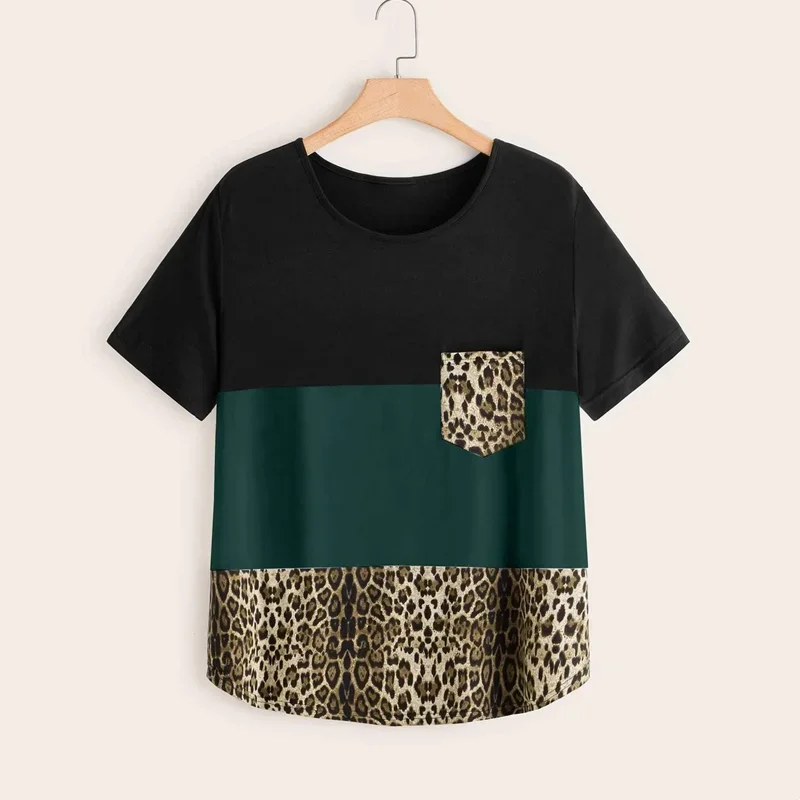 Plus Size Summer Casual Tops Women Short Sleeve Color Blocked Loose Leopard Tee Ladies Large Size T-shirt 4XL 5XL 6XL 7XL 8XL