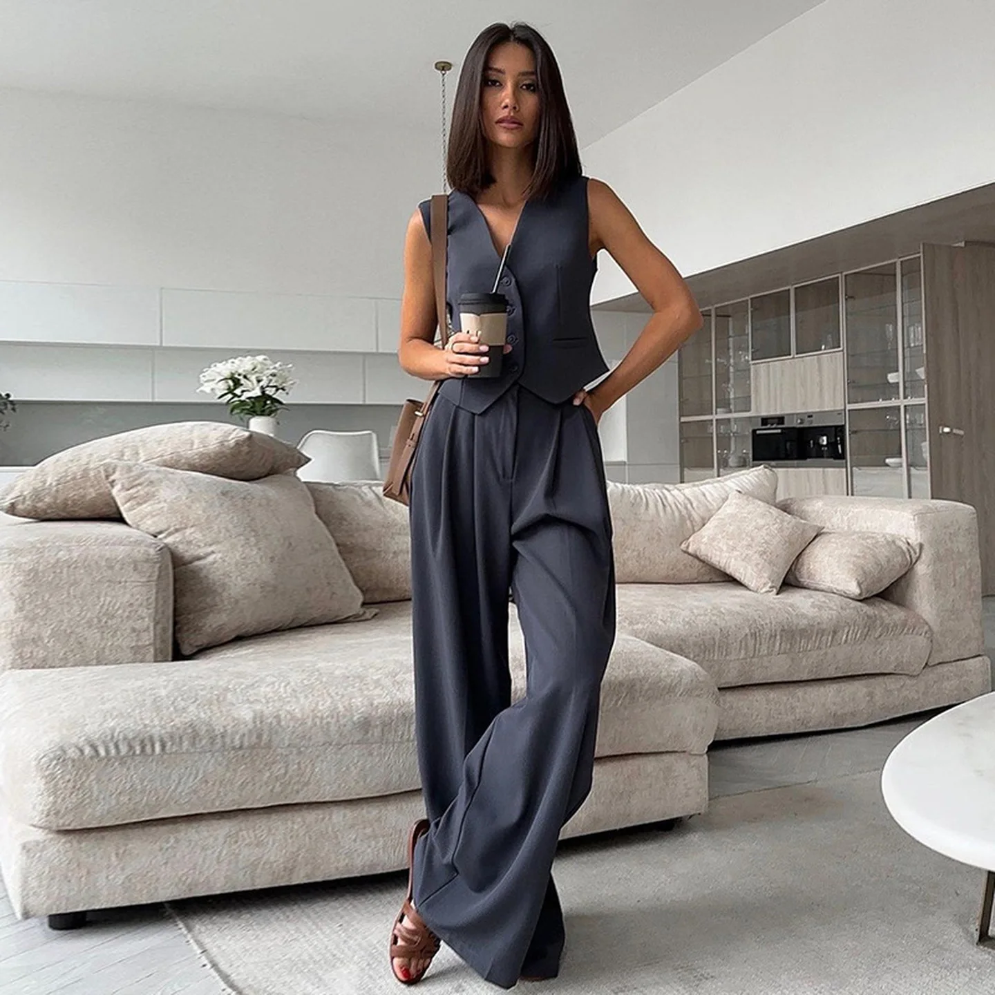 

New Women's Casual Suit Vest Wide Leg Trousers Faionable Set Student School orm Work orm Winter Season