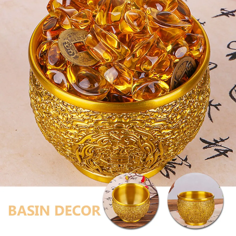 

Brass Treasure Bowl Rice Tank Home Office Desk Decor Golden Tone Storage Traditional Style Spring Festival
