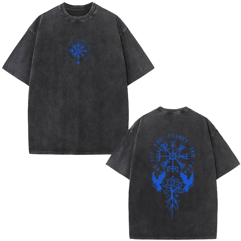 

Viking Runic Compass Vintage Washed T Shirt Men Women Clothing Casual Retro Cotton T-shirt Men's Gothic Rock Oversized T-shirts