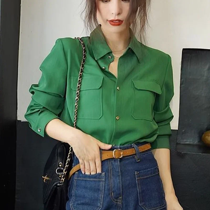 French Style Retro Elegant Green Long Sleeved Shirt Autumn New Fashion Casual Loose Versatile Popular Turn-down Collar Lady Top