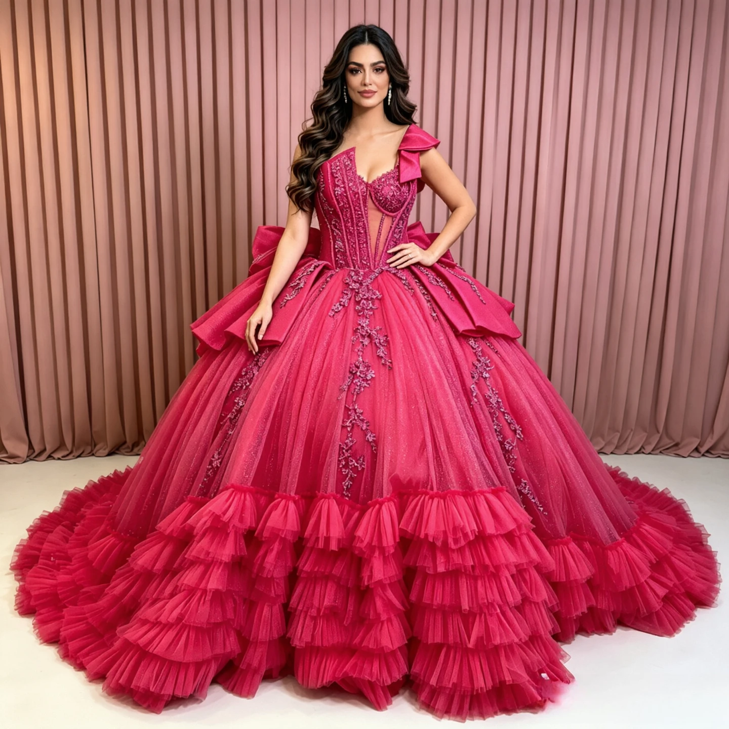 Customized Women's Luxury Fuchsia Ball Gown One Shoulder Beaded Lace Corset Sweet 15 16 Big Bow Ruffle Tiered Train Dress