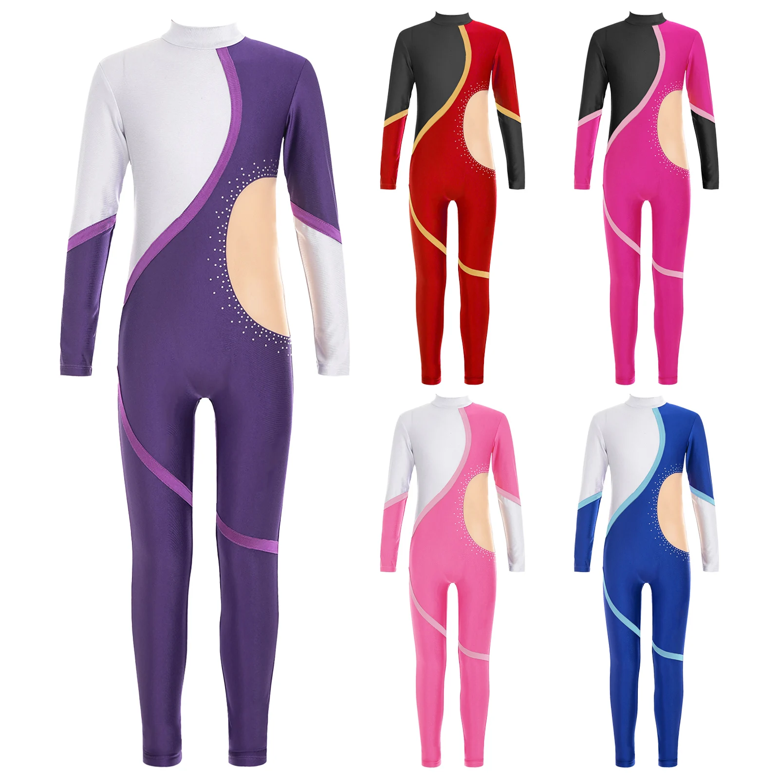 Meninas Ballet Ginástica Collant, Romper, Patinação artística, Bodysuit de dança, Manga comprida, Strass brilhante, Macacão de malha pura, Crianças