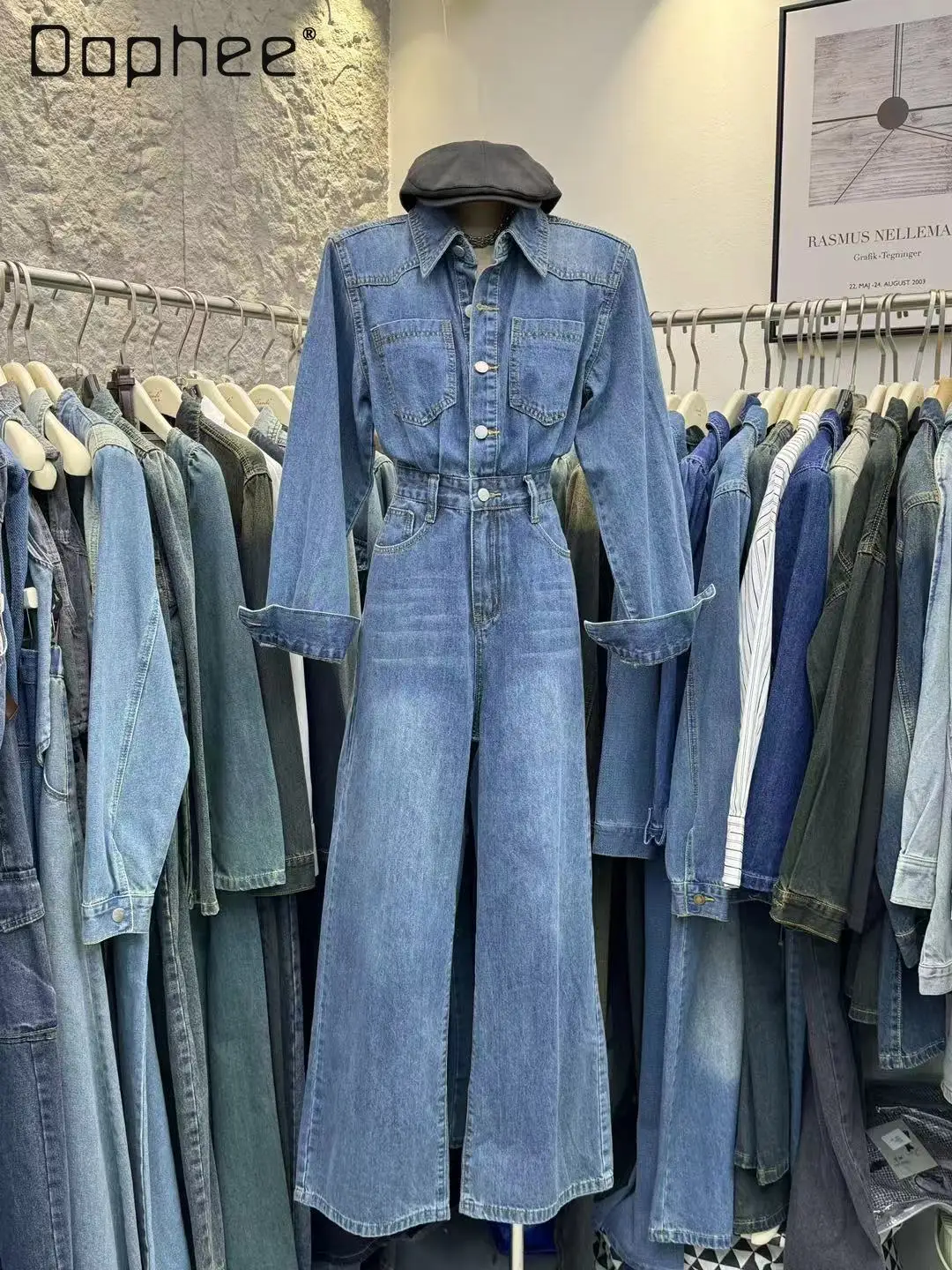 Europe Station Autunno Corea Ins Tuta Jeans Elegante Office Lady Fashion Slim Fit Retro Blu Vita alta Tuta casual da donna