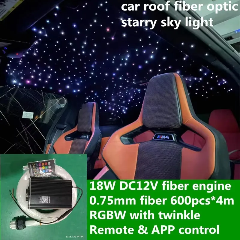 18W RGBW Star Car Light Fiber Optic Kit 600 Pieces 3m 0.75mm Fiber Optic Sparkling Star with Applied Star Light for Roof