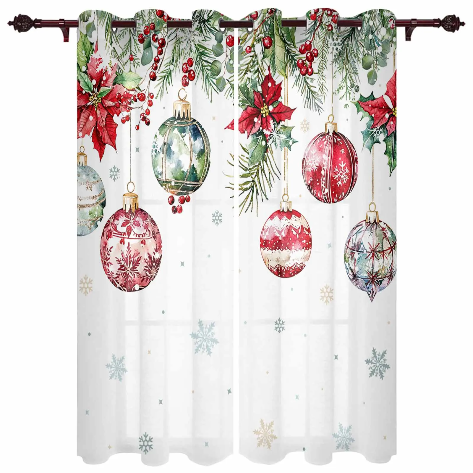 

Christmas Poinsettia Berries Fir Leaves Windows Curtains Living Room Luxury Decor Xmas Curtain Bedroom Kitchen Window Drapes