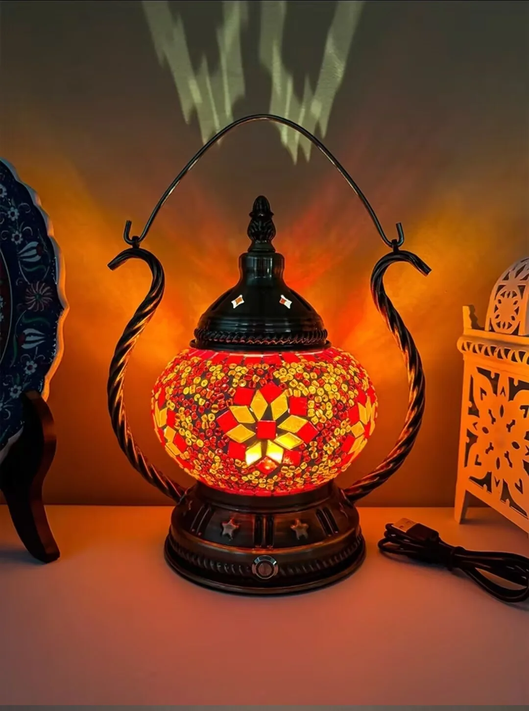 Rechargeable Turkish Mosaic Table Lamp Deco Handcrafted Lampe Abajur Para Quarto Bed Night Light Lampara De Noche Dormitorio