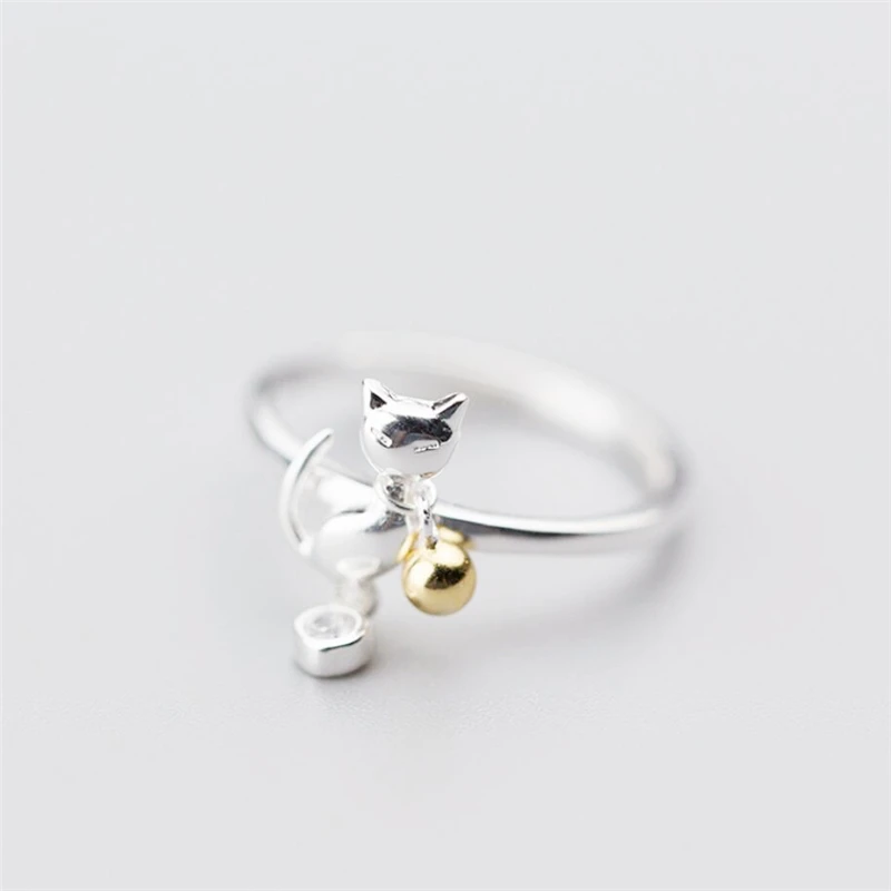 Cute Cartoon Cat Bell 925 Sterling Silver Female Resizable Opening Rings RI949