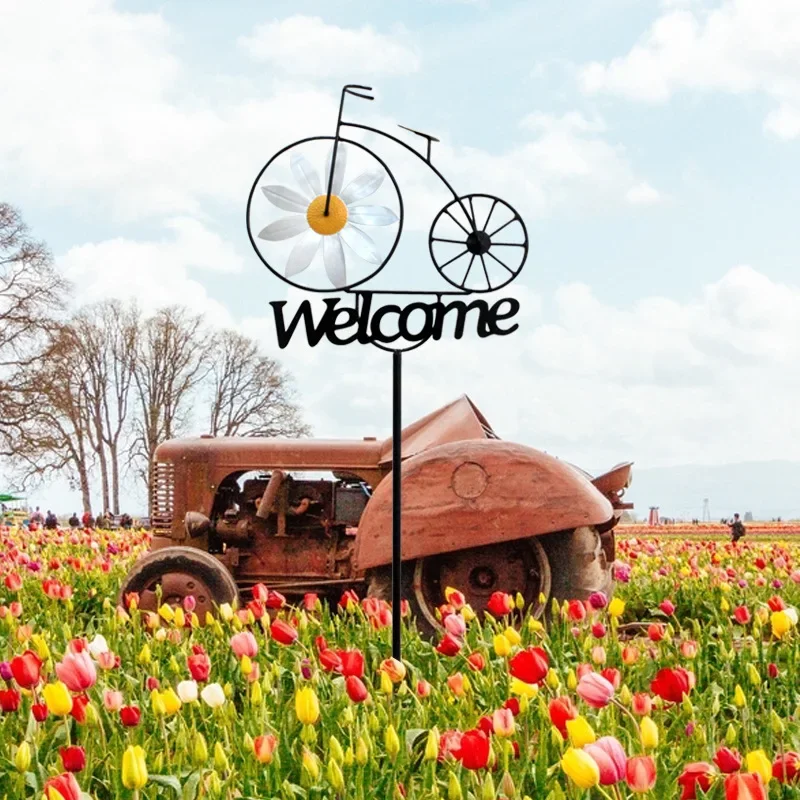 Garden Welcome Bicycles Windmills Sunflower Iron Bicycle Wind Spinner Decorative Garden Stakes For Courtyards Gardens Yard Decor