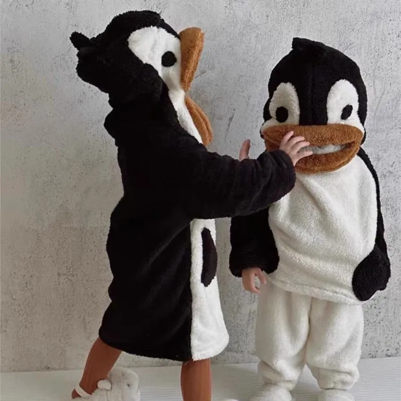 Baby Boy Girl Cartoon Penguin Fleece Pajamas Set Warm Infant Toddler Child Winter Hoodie Kid Home Suit Outfit Baby Clothes 1-12Y