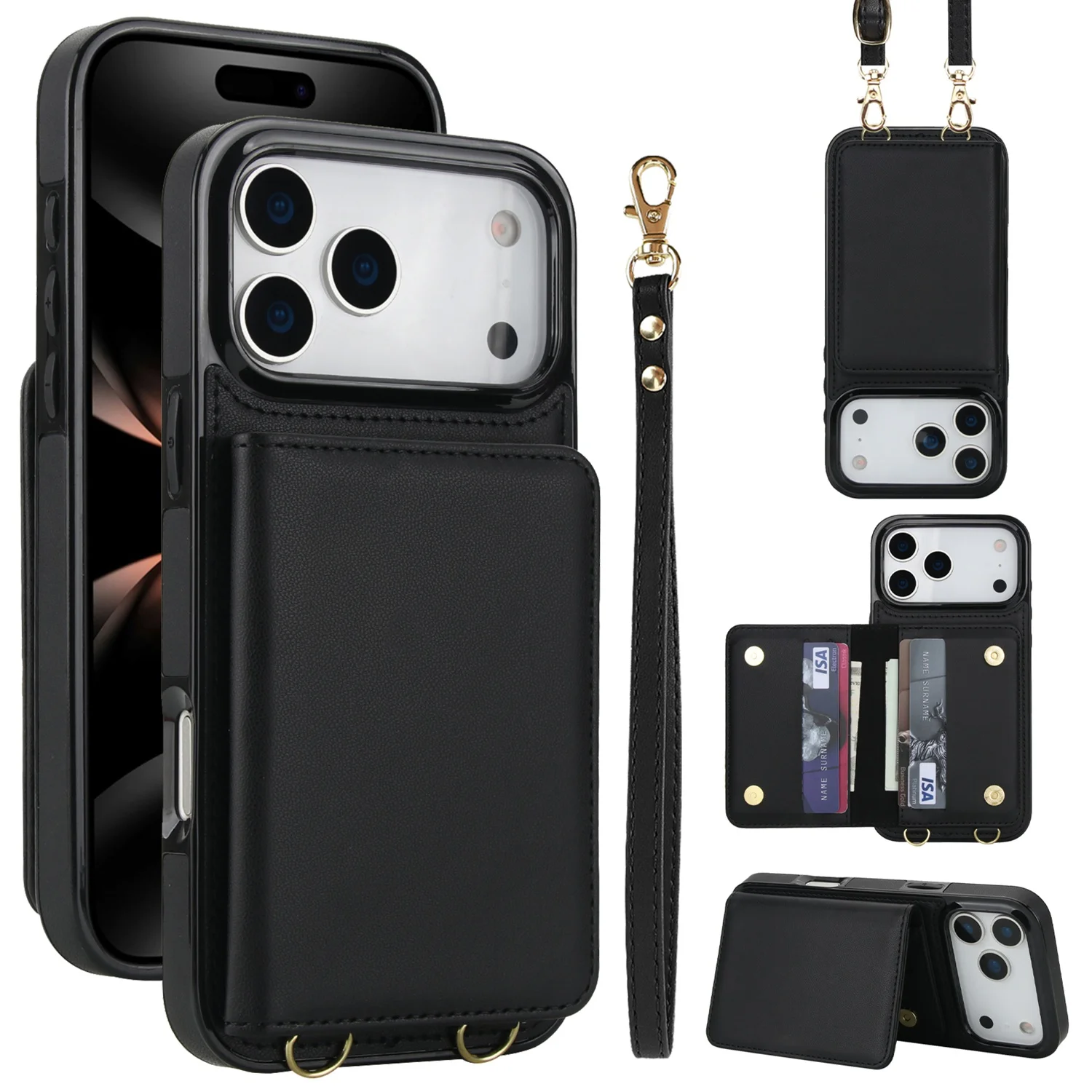 

Кожаный чехол с длинным ремешком и коротким жестким ремешком для iPhone 17 Air 16 15 14 12 13 Mini 11 Pro XS Max XR X 7 8 Plus, сумка с откидными отделениями для карт