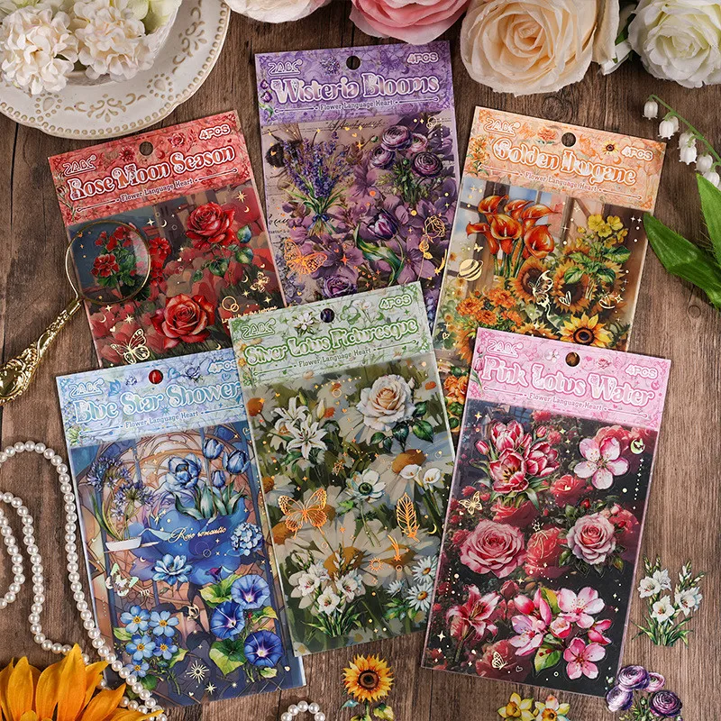 Journamm 4Sheets Flowers Stickers Hot Stamping PET Material DIY Scrapbooking Art Collage Stationery Planner Decor Diary Stickers