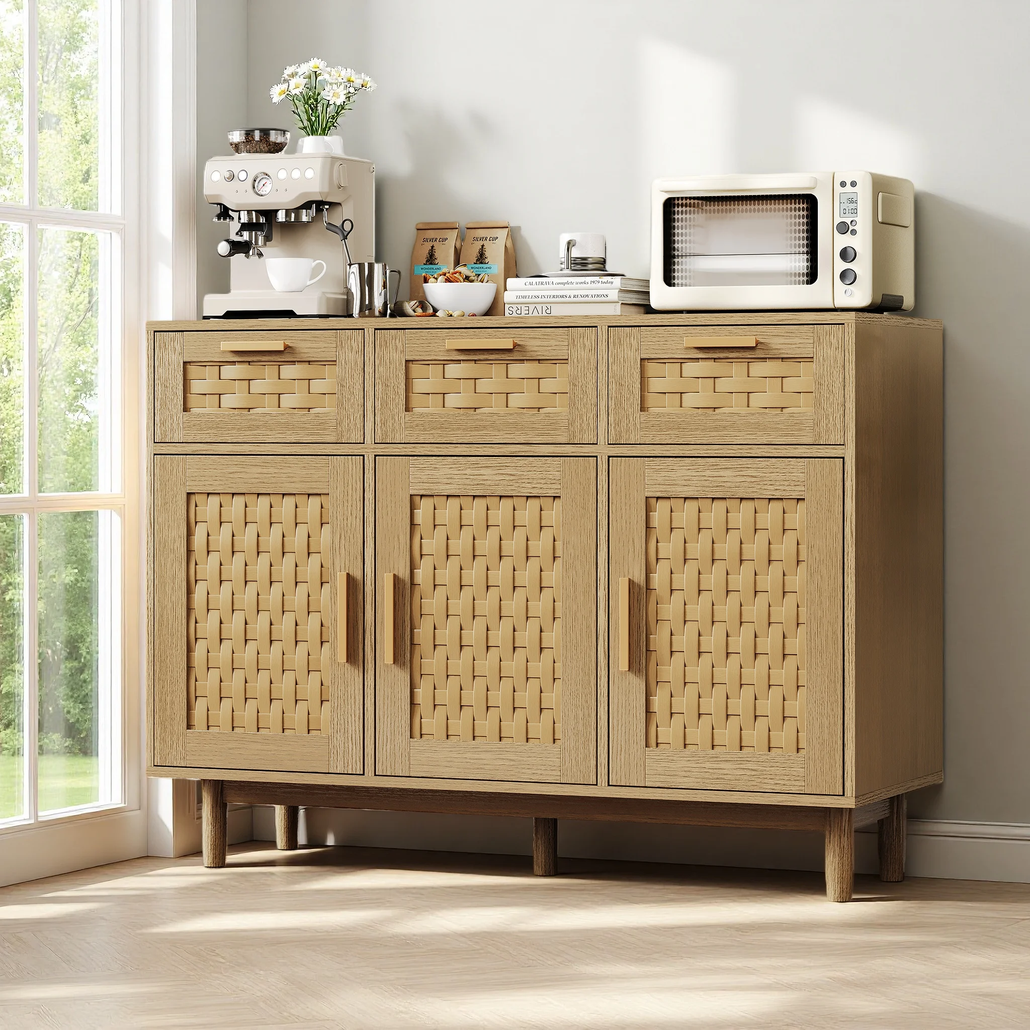 FANGANGE Credenza moderna in legno intrecciato, 3 cassetti e 3 armadietti, gambe in legno con maniglie in legno, armadio contenitore di grande capacit