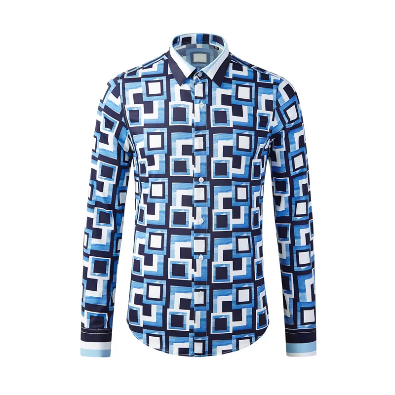 High-quality Geometric Printed Shirt Men Long Sleeve Casual Shirts Fashion Slim Fit Business Banquet Social Shirt Streetwear Top