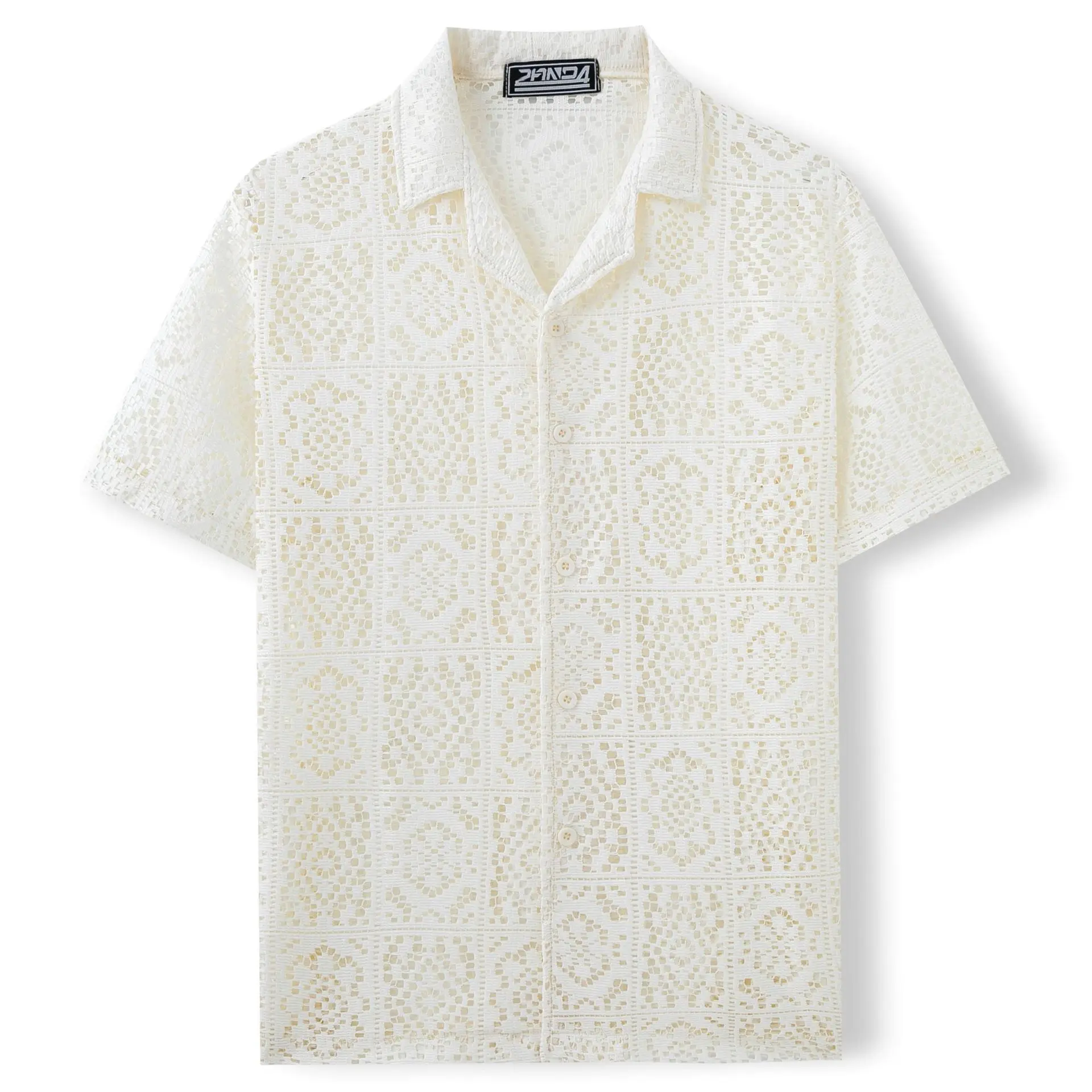 2025 New Men's Polyester Hollow Out Shirt Summer Casual Short Sleeve Button-Down Collar Breathable Loose Fit Trendy Blouse