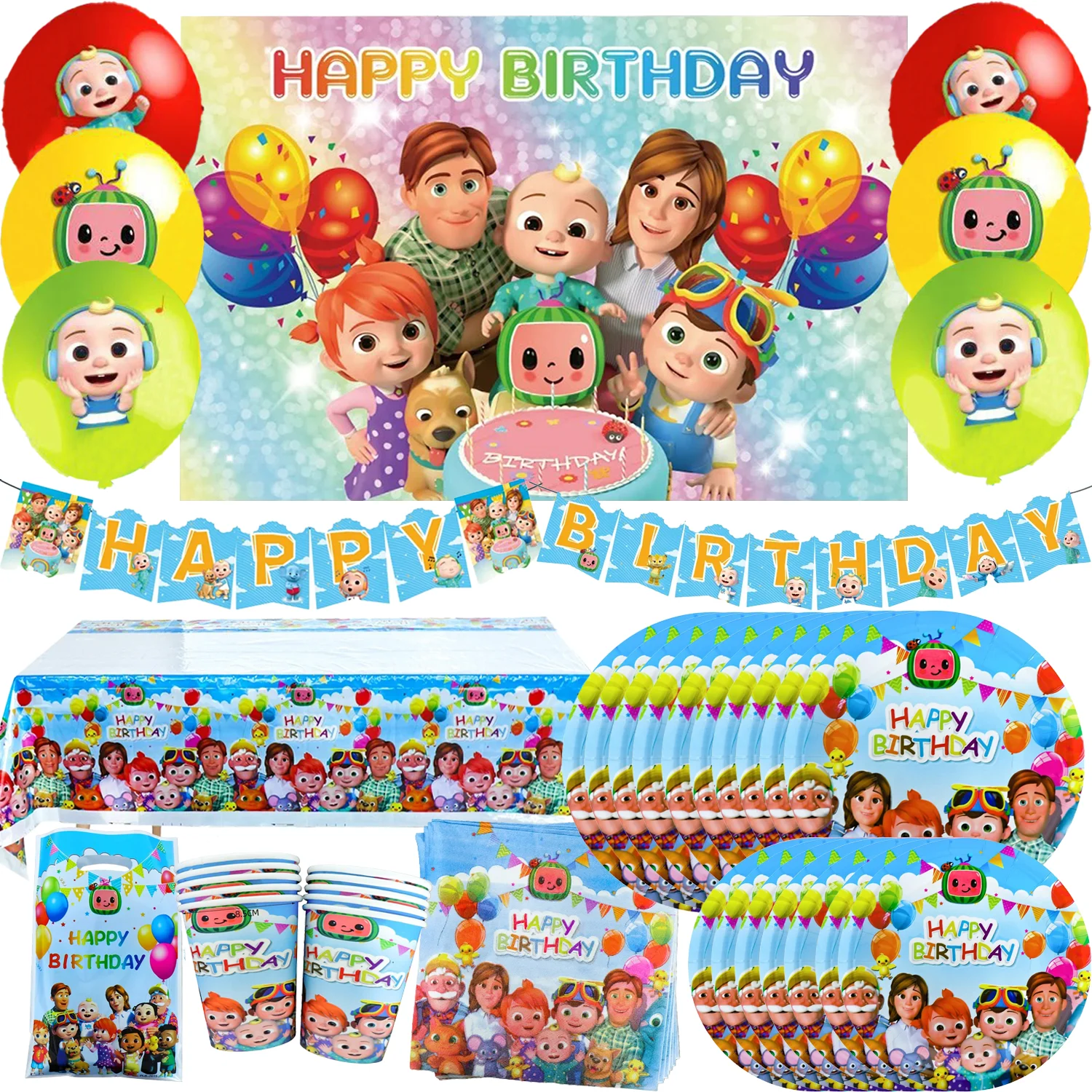 

Cartoon Family Cocoomelonies Theme Birthday Party Decoration Disposable Tableware Watermelon Boy Girl Plate Cups Balloon Gifts