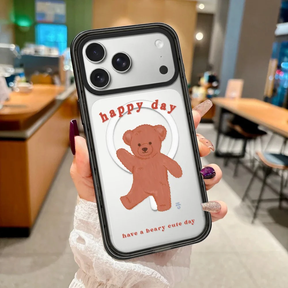 

Cute Dancing Brown Bear Impact Black Border Magnetic Cover for IPhone 12 13 14 15 16 17 Pro Max Case for IPhone 17 Air