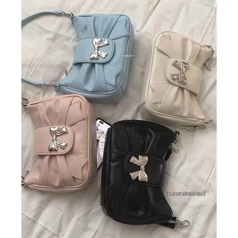 Bolso de hombro con lazo rosa para mujer, elegante bolso de mano de estilo universitario de moda coreana, plisado cuadrado, dulce bolso de axila de cuero informal