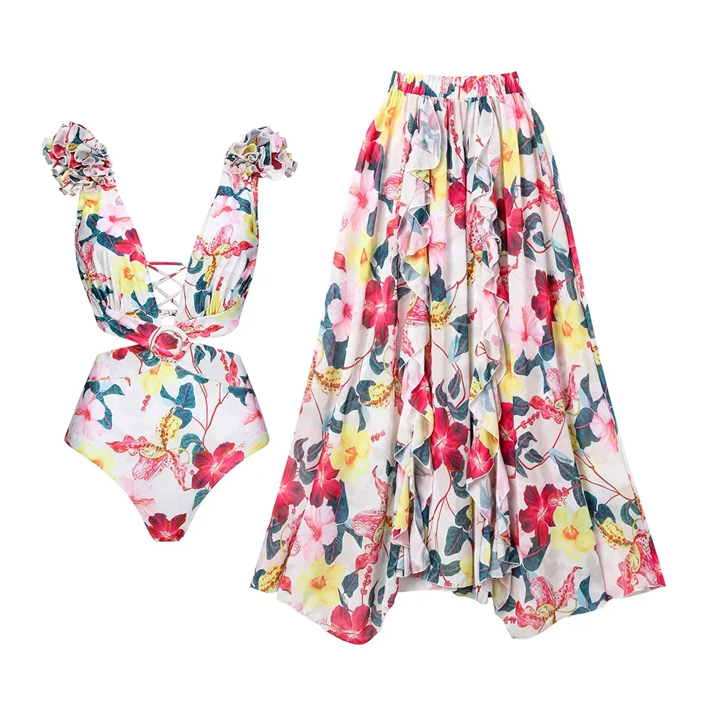 

Women's Ruffled Floral Print Swimsuit, One-Piece Swimwear, Waistbelt, Cover-up, Beach Vacation, Long-sleeved Bikini