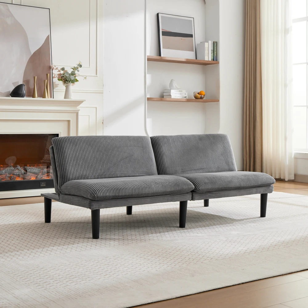 Canapé gris 2 places réglable en 3 positions, 106-140-180 ° Pieds ronds en plastique noir, revêtement en velours façon corde, base en lattes de bois, canapé relaxant pour salon et home cinéma