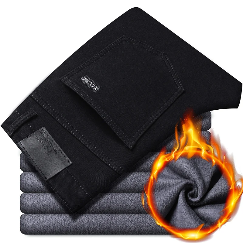 

Winter New Men Warm Fleece Business Jeans Casual Male Thick Velvet Slim Fit Pants Classic Black Blue Elastic Cotton Denim Pants