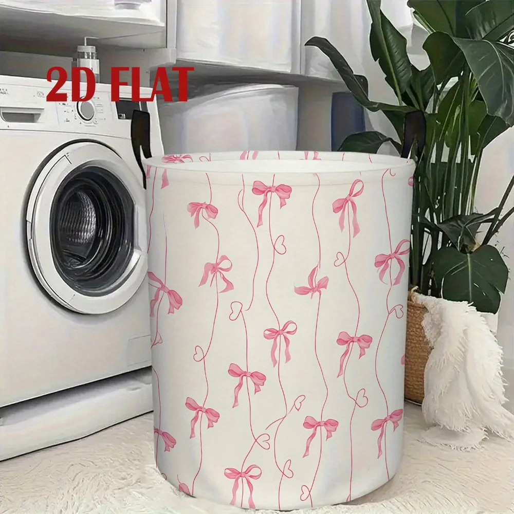 Dirty Clothes Basket Pink Bow Heart Line Pattern Polyester Toy Storage Basket Portable Foldable Large Capacity Storage Basket
