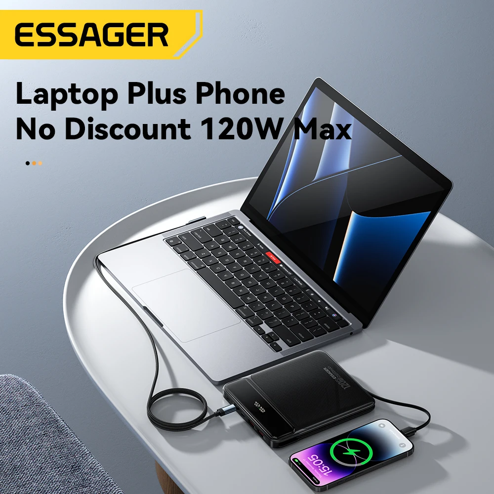 Essager 120W 20000mAh Güç Bankası, İki Dahili Kablolu 100W PD Hızlı Şarj iPhone 16 15 14 Pro Max iPad Macbook Dizüstü Bilgisayar