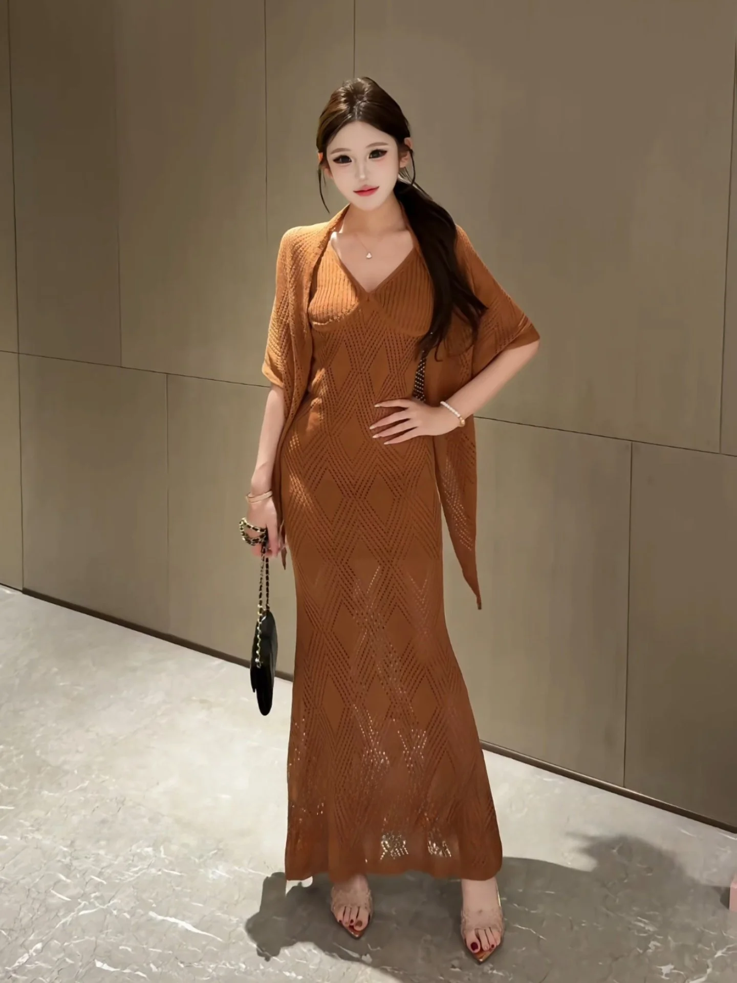 

Slim Fit V-Neck Knitted Wrap Dress with Fish Tail Hollow out Design Casual Style City Commute Street Style Date Everyday