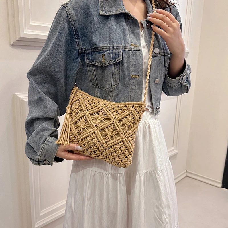 Mode Woven Aushöhlen Schulter Taschen Stroh Sommer Umhängetasche Strand Reise Handtasche Weiblichen Beutel Frauen Messenger Taschen 2024 – Detail 14