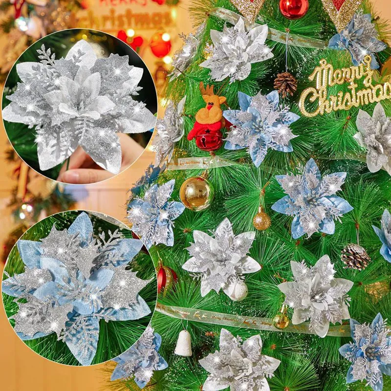 20pcs 14,5 cm Glitzer künstliche Weihnachts blumen Frohe Weihnachten Baum dekoration frohes neues Jahr Ornamente Weihnachten