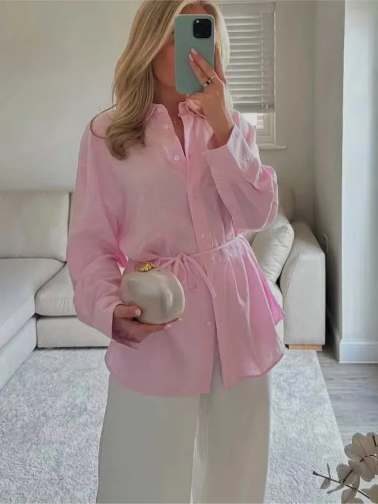 

White Shirt For Women Fashion Cotton And Linen Loose Lace Up Blouse Spring Summer 2025 New Long Sleeve Simple Casual Shirts Lady
