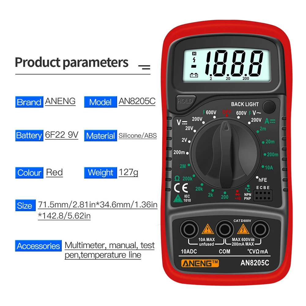 High-precision LCD Backlight AN8205C Digital Multimeter AC/DC Ammeter Volt Ohm Multimetro Tester Meter With Thermocouple