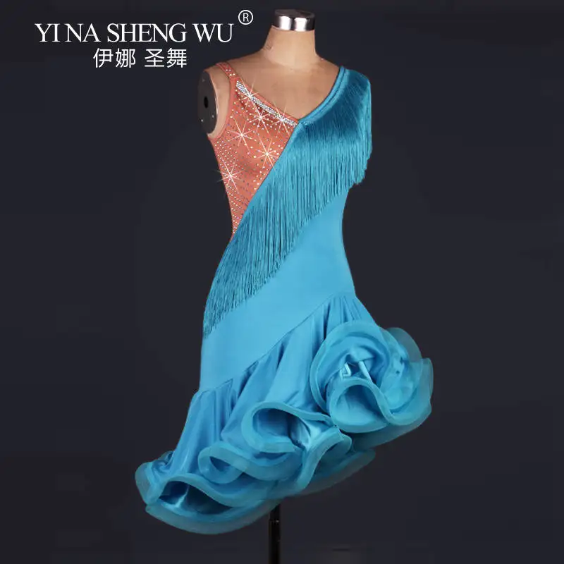 Abito da ballo latino di fascia alta da donna Costume da competizione di ballo latino professionale con nappa di diamanti Gonna a lisca di pesce Abito da ballo Samba