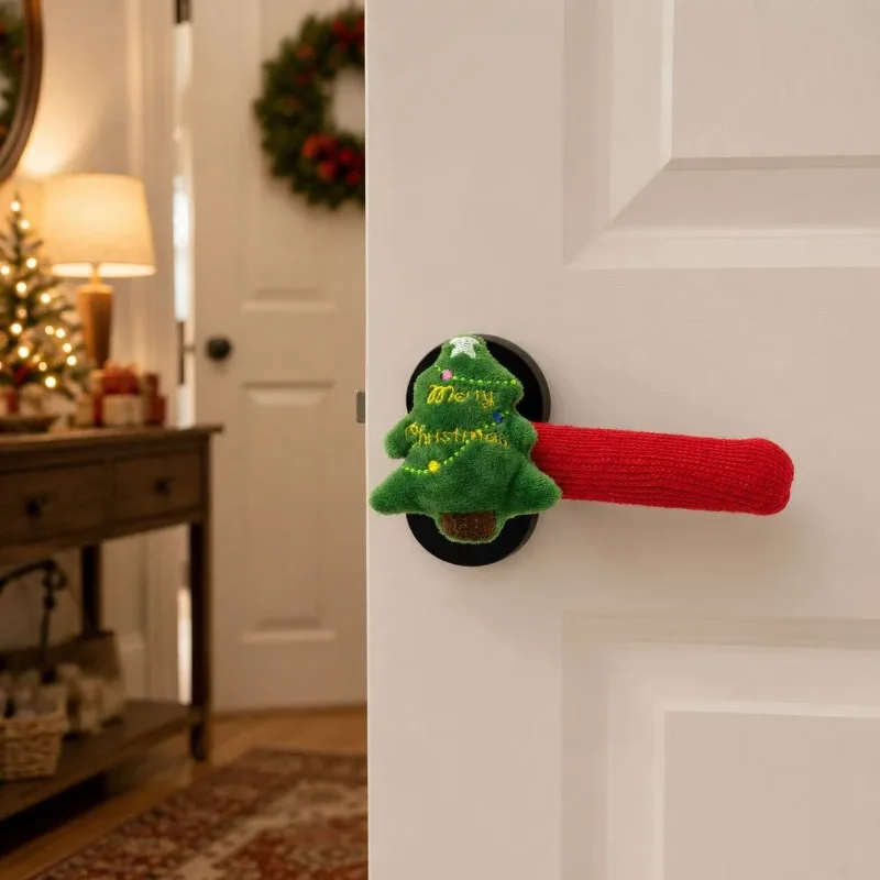 2Pcs Christmas Tree Door Handle Covers, Merry Christmas Door Knob Protectors, Left & Right Pair, Holiday Home Door Decoration