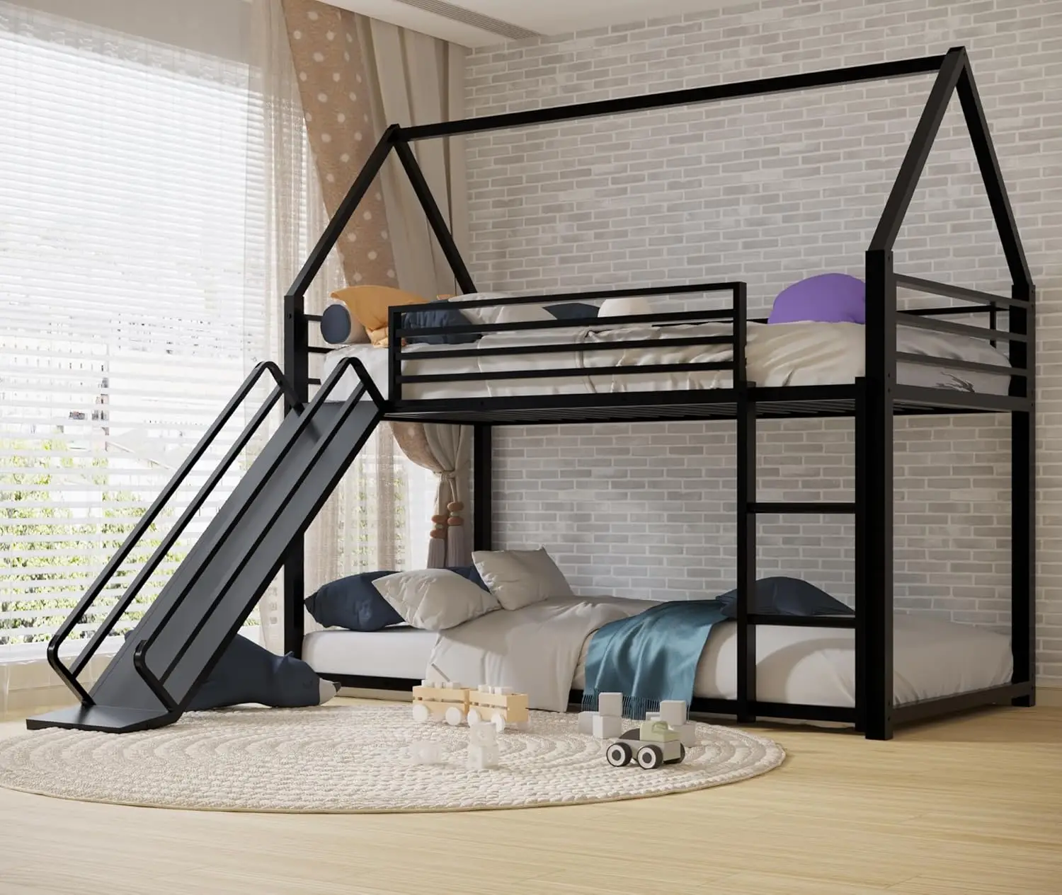 Litera doble sobre doble con tobogán, estructura de cama en forma de casa con escalera, litera baja de alta resistencia con barandilla, No, Personalizado