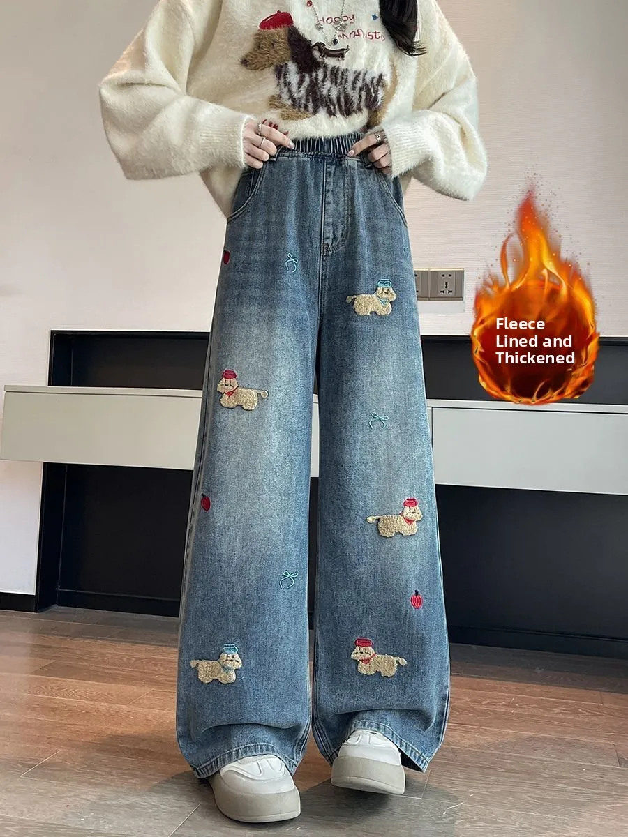 jeans-de-pierna-recta-con-forro-polar-para-mujer-talla-grande-corte-holgado-cintura-alta-estilizador-conjunto-de-dos-pie