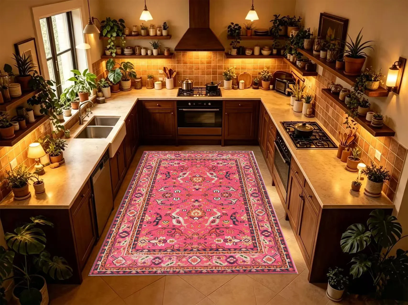 Bright Pink Bohemian Square Area Rug Retro Ethnic Geometric Printed Floor Carpet for Living Room Bedroom Home Decor