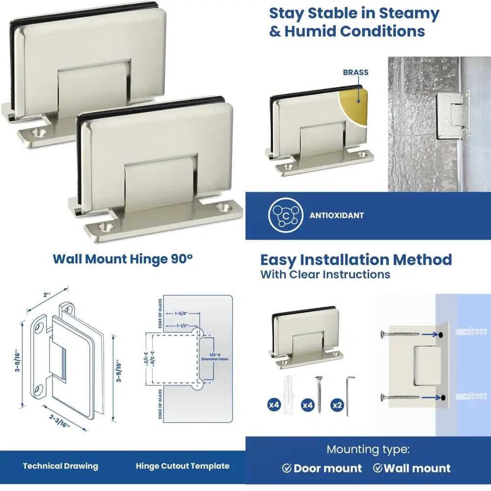 

Heavy Duty Frameless Shower Door Hinges for 90 Degree Wall to Glass Mounting - Bathroom Accessories with Hardware Included