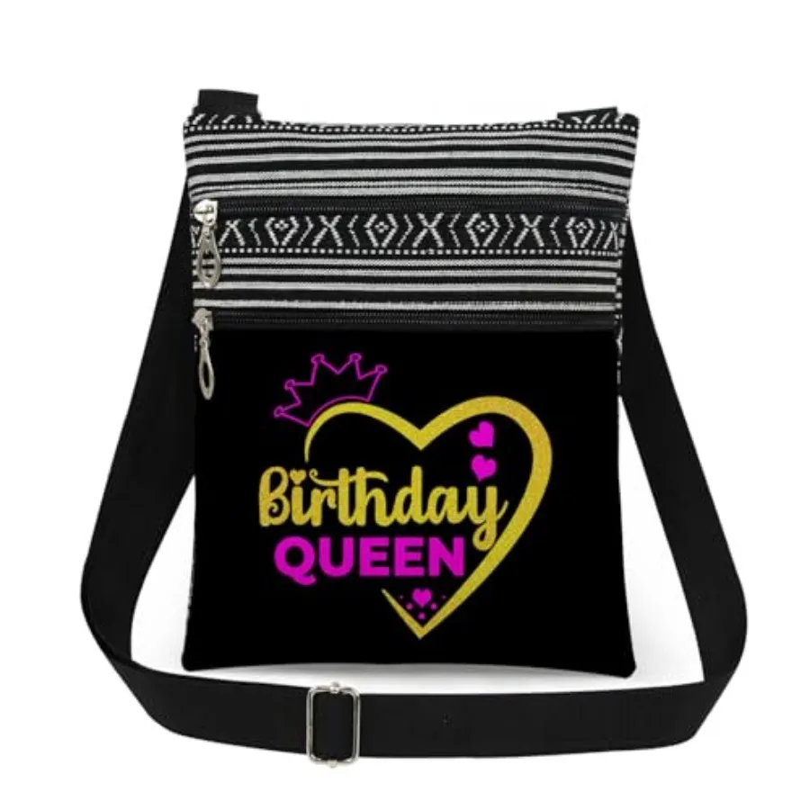 

Gold Birthday Queen with Crown Heart Print Messenger Bag with Adjustable Strap Birthday Present for Women Friend Purse Outdoor