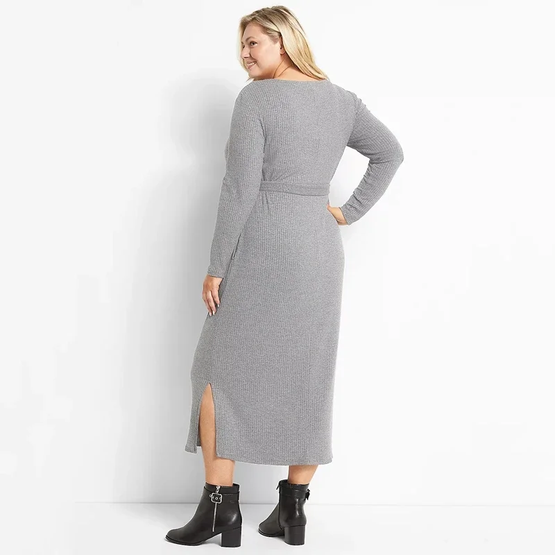 Plus Size Long Sleeve Elegant Autumn Ribbed Knit Midi Dress Women Tie Waist Long Casual Dress Large Size Straight Dress 5XL 6XL