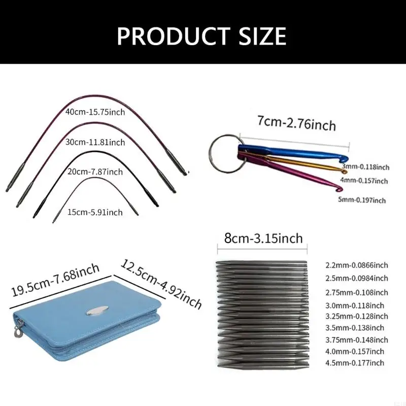 

Набор сменных круговых спиц с футляром и аксессуарами. Спицы из нержавеющей стали диаметром 2,2–4,5 мм.