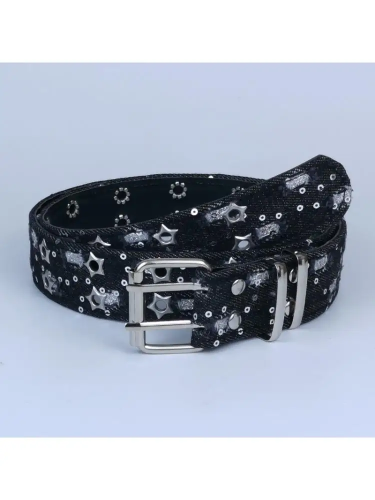 Girls Jeans Belt Women 2025 New Summer All match Student Korean Style Casual Fashion Fabric Hole Black Blue Denim Popular