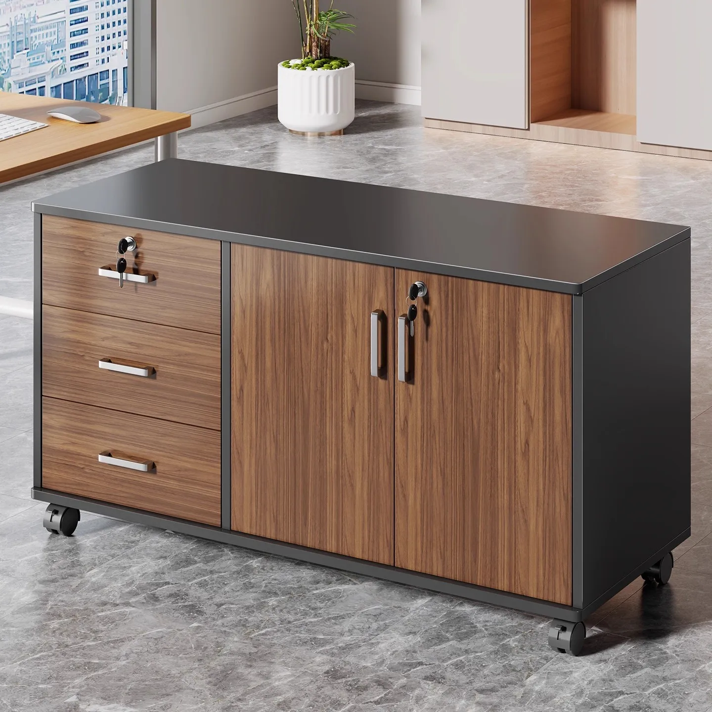3-Tier File Storage Cabinet with Doors, MDF Bookshelf Organizer for Home Office, DIY Assembly, in White & Walnut
