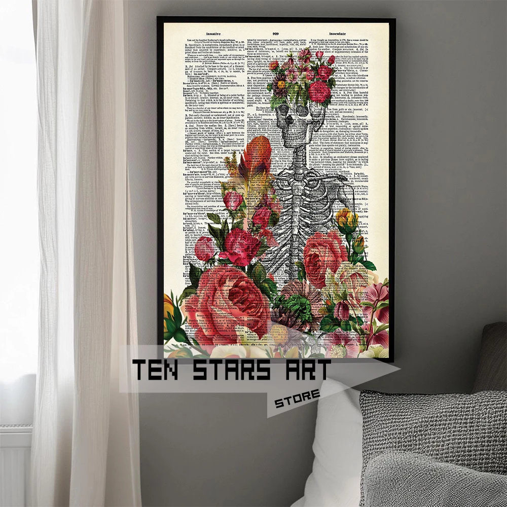 Dictionary of Human Bones Art Poster Canvas Printing Bones Flowers Aesthetic Prints Medical Clinic Wall Art Decor Vintage Decor