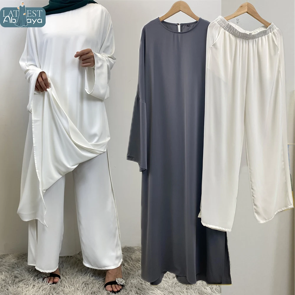 Fashion Solid Pants Two Clothing Turkish Slit Dress Ramadan Dress Muslim Abayas For Woman Moroccan Islam Casual Kebaya Clothing