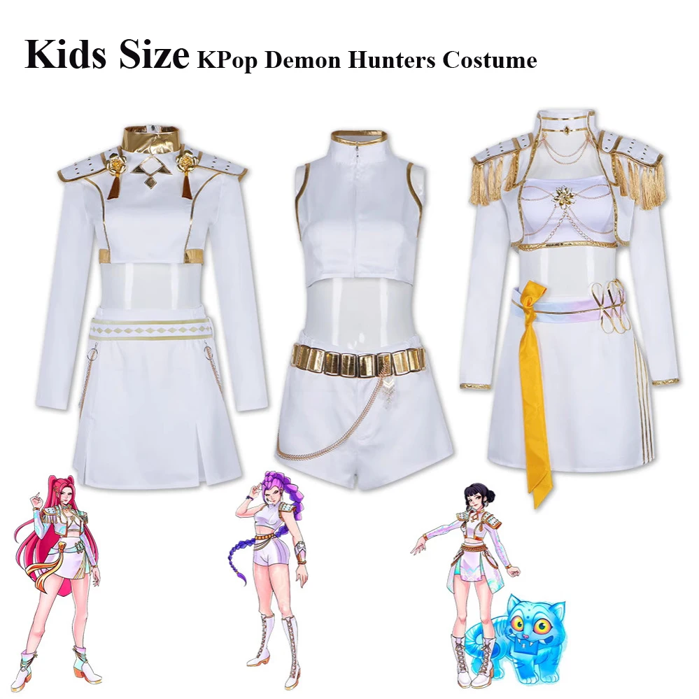 

KPop Demon Hunters Kids Rumi Zoey Mira Косплей Костюм Белое Золото Униформа Комплект Охотничий Наряд Девушки Хэллоуин Ролевая Игра Вечеринка