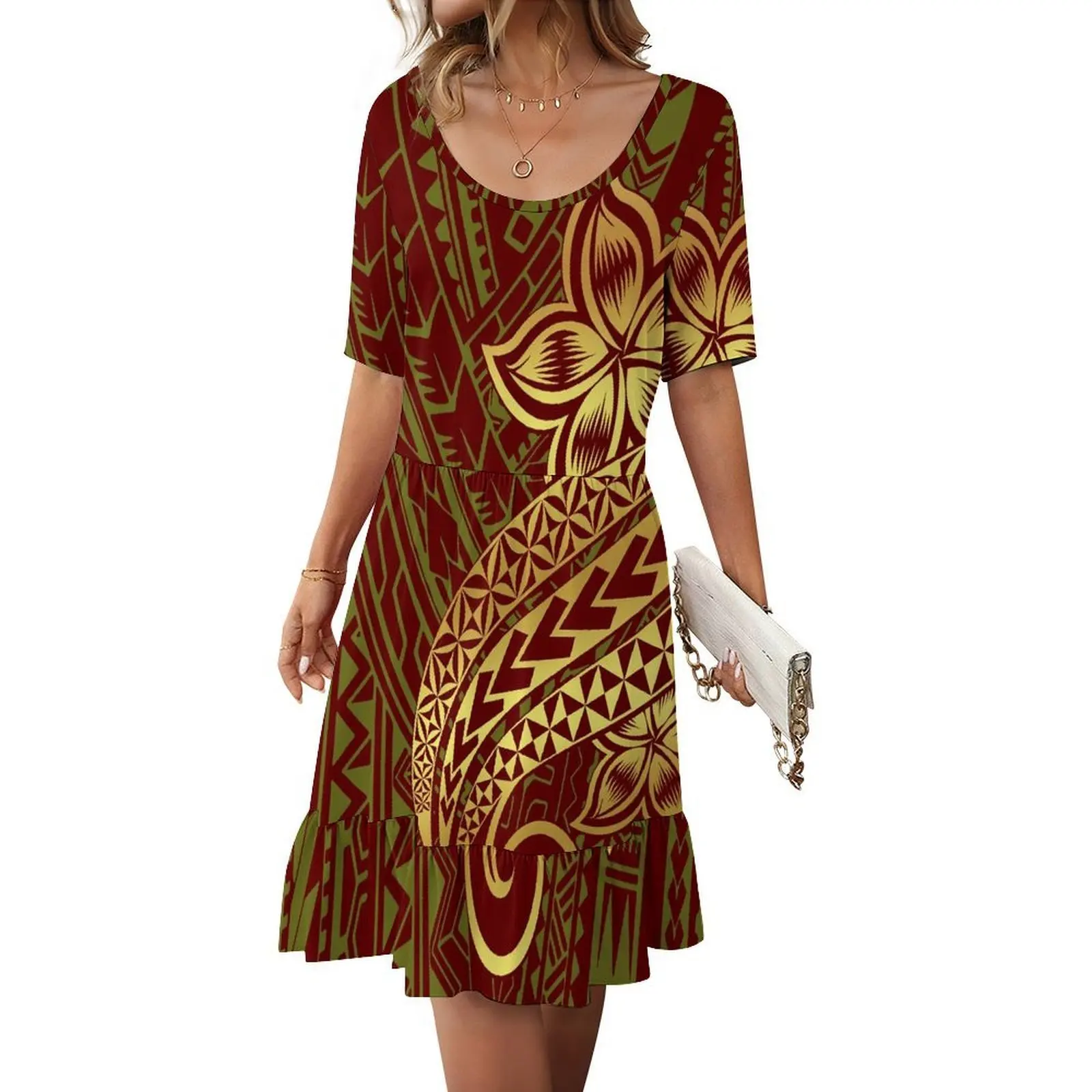 Round-Neck Short-Sleeved Loose Casual And Comfortable Soft Fabric Ruffled Women'S Dress Custom-Made For Polynesians