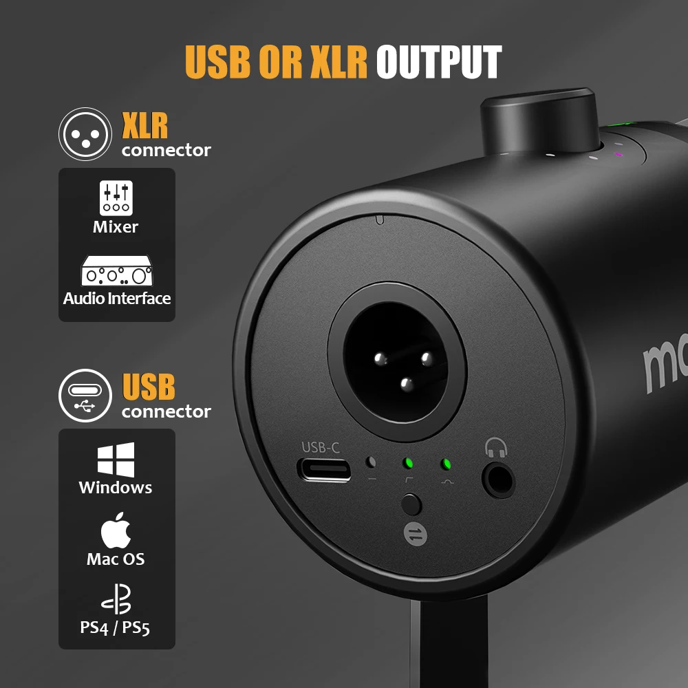 Microfono dinamico Maono USB/XLR tutto in metallo con Jack per cuffie con guadagno muto One-Touch e controllo del Volume per lo Streaming Podcasting