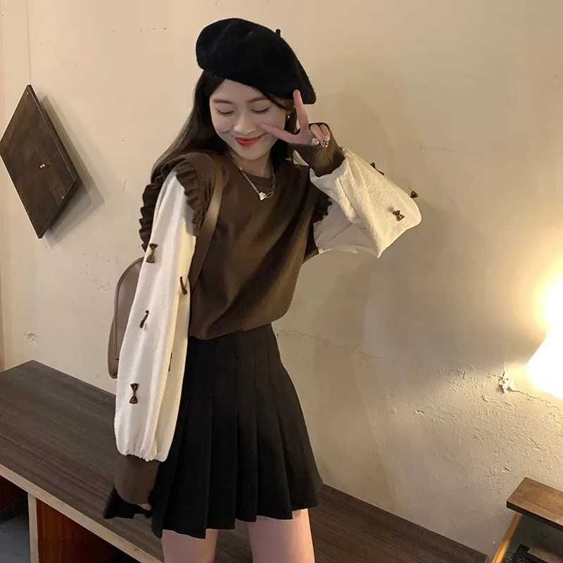 Vintage Patchwork Ruffles Knitted Sweater for Women Brown Sweet Bow O-Neck Pullover Korean Lantern Sleeve Top